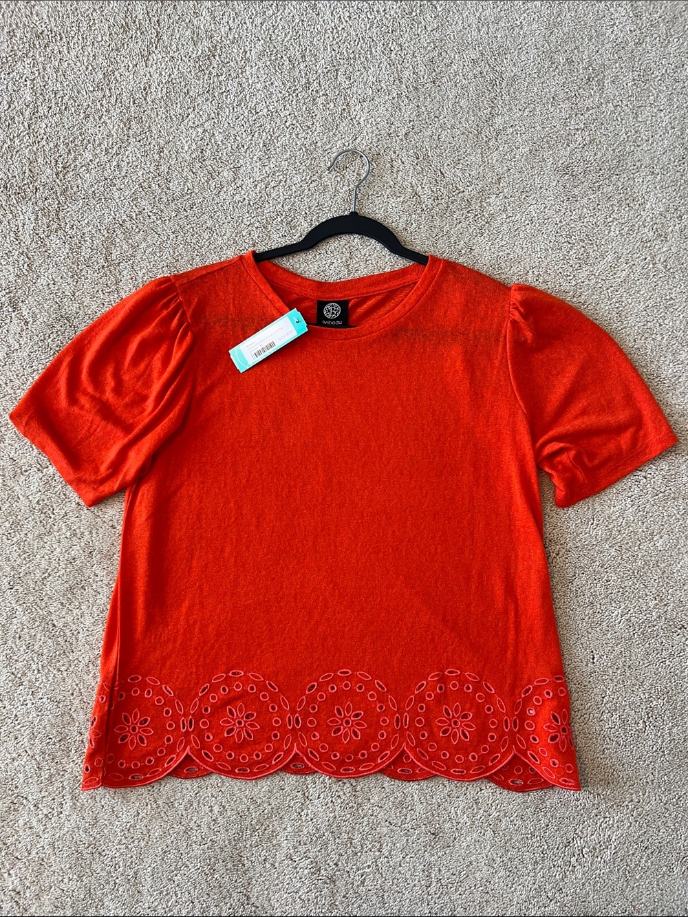Bobeau Orange Short Sleeve Scallop Eyelet Hem Lightweight Top